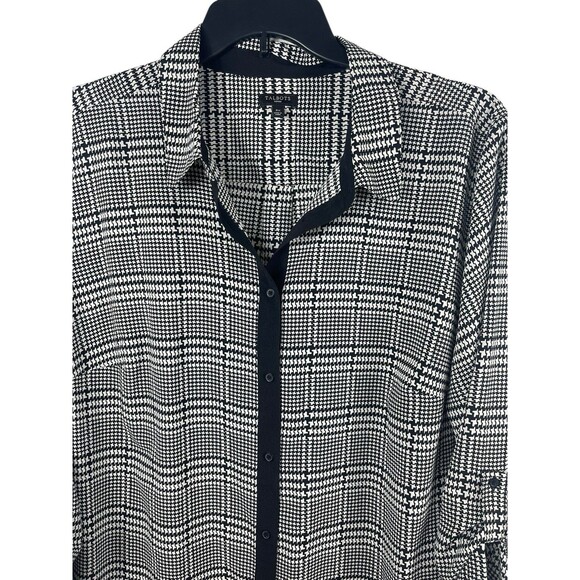 Talbots 3X Black White Houndstooth Button Top Roll Tab Sleeve Semi Sheer Tunic - Picture 3 of 14